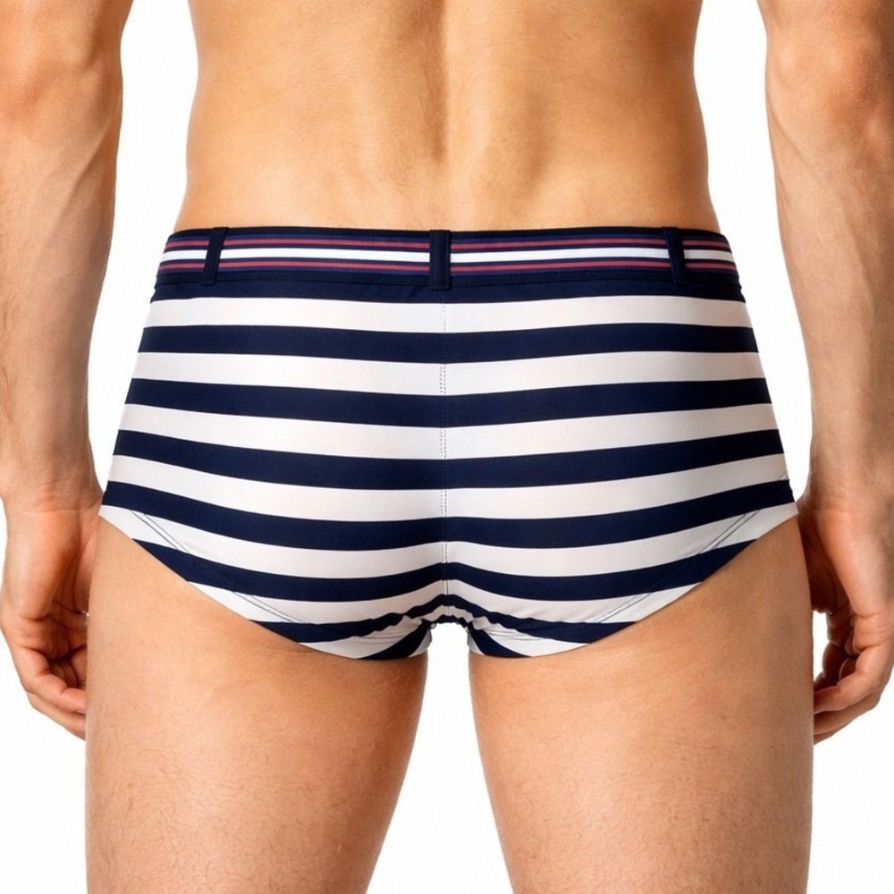 Andrew Christian Small (28-31) Navy White Striped Swim Briefs Buckle Belt 70063 - Picture 2 of 7